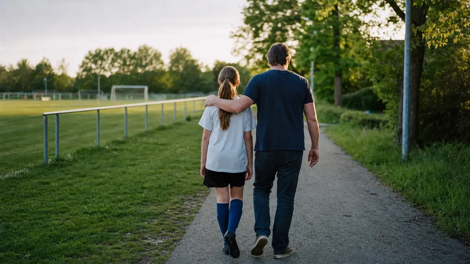 Ein Vater und seine Tochter gehen im Abendlicht von hinten gesehen einen ruhigen Weg neben einem leeren Fußballplatz entlang, seine Hand liegt auf ihrer Schulter.