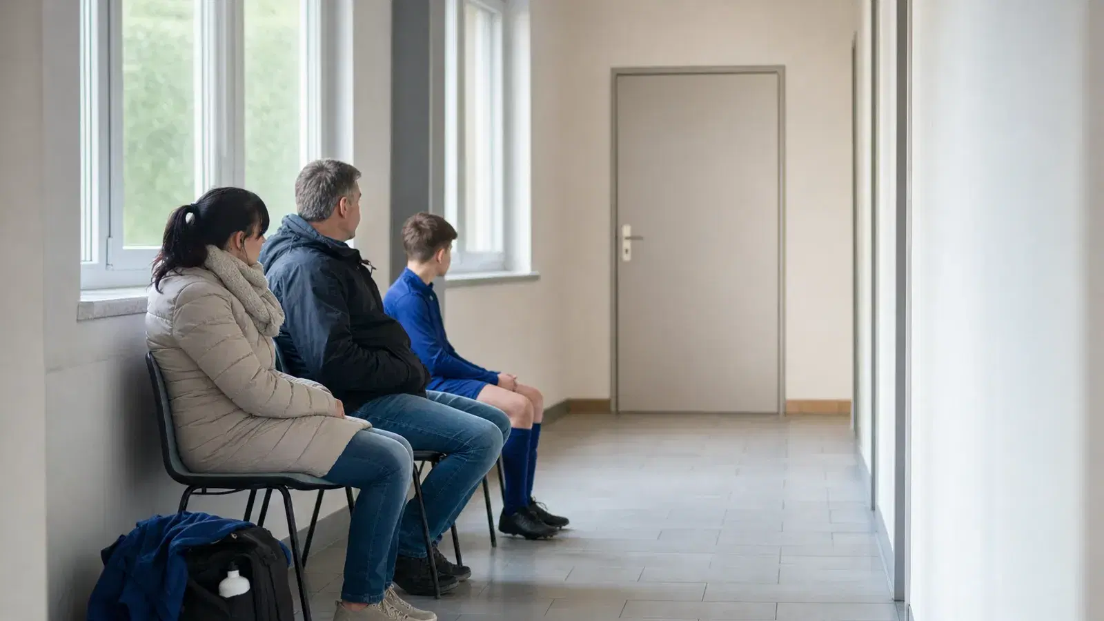 Eine Mutter, ein Vater und ihr jugendlicher Sohn sitzen ruhig auf Stühlen in einem hellen, schlichten Flur und warten.