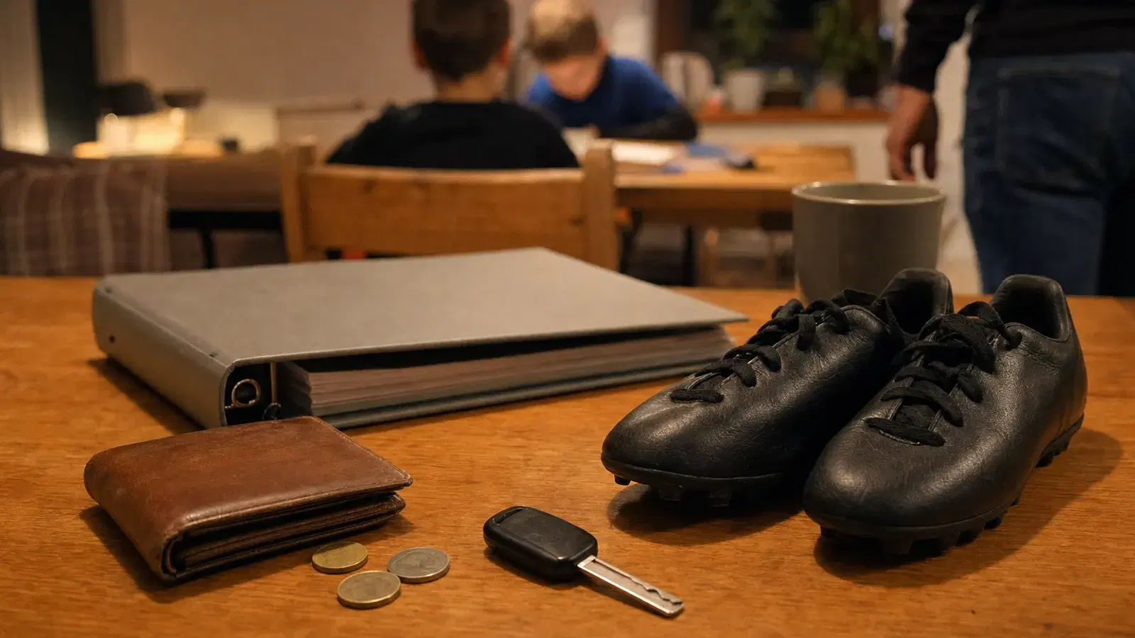 Auf einem Küchentisch liegen eine Geldbörse, ein geschlossener Ordner, ein Autoschlüssel und ein Paar Fußballschuhe.