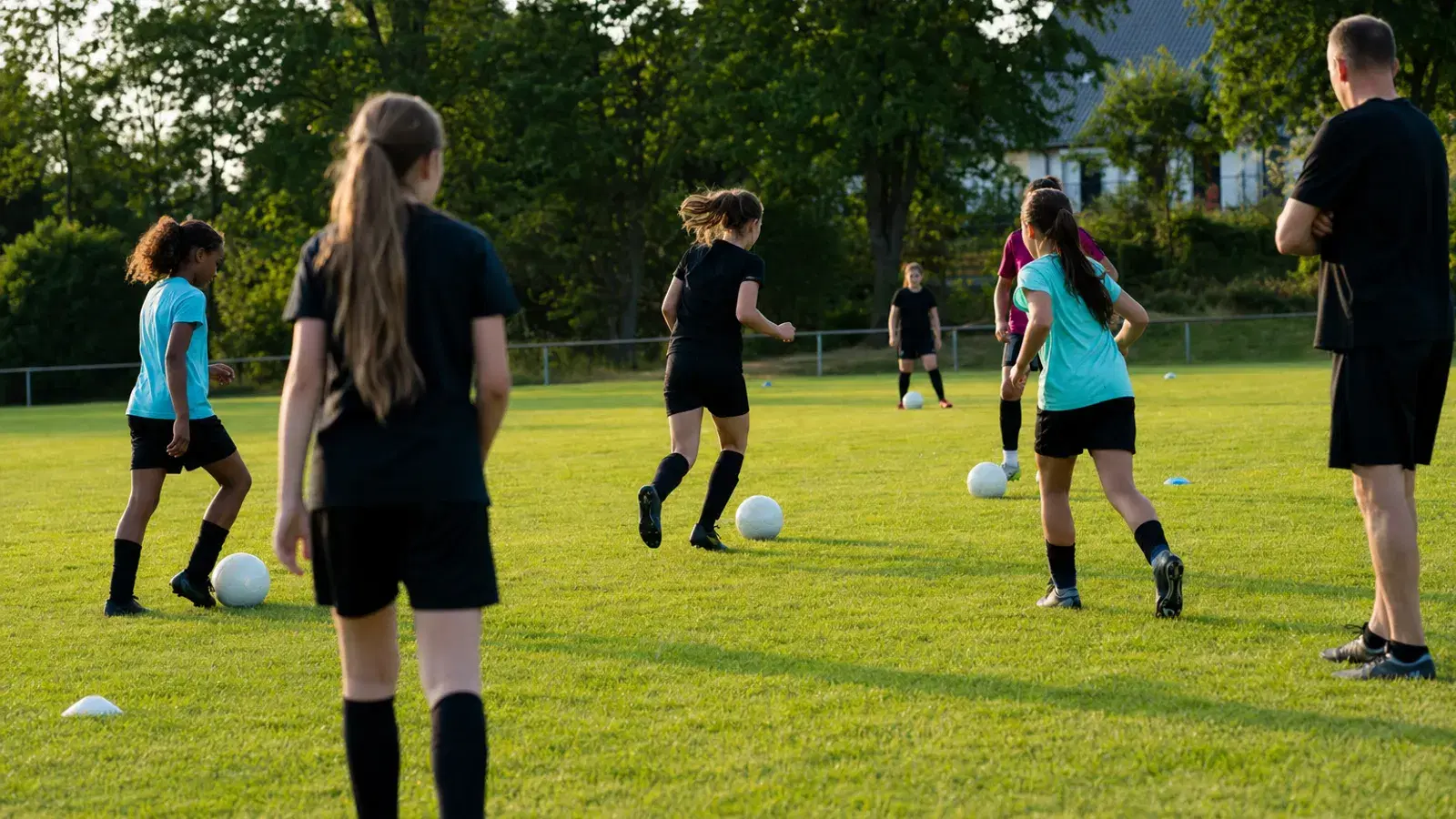 Mehrere etwa 13-jährige Spielerinnen trainieren eine Passübung auf einem Rasenplatz, aus der Distanz von hinten und im Profil gesehen.