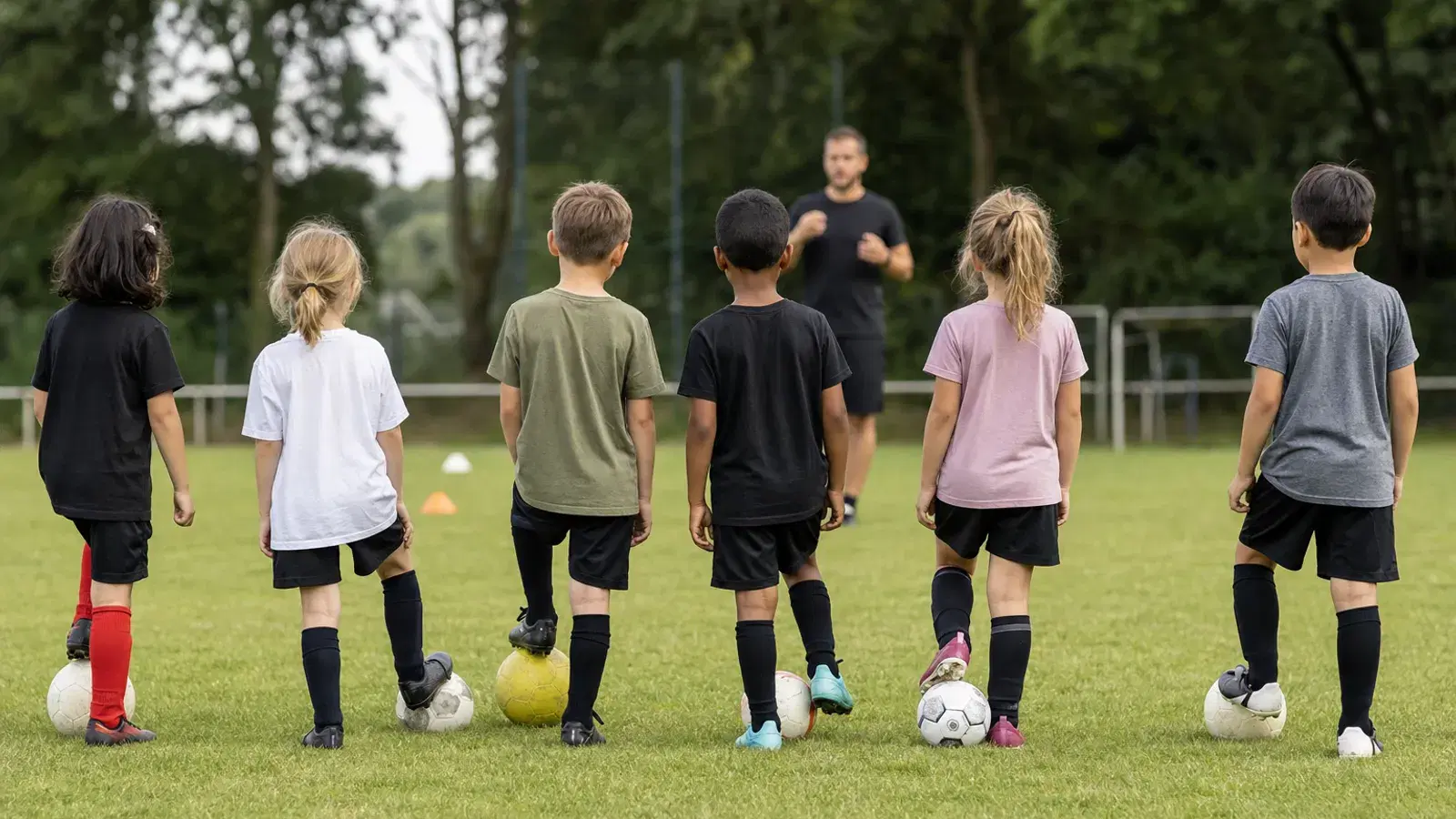 Eine Reihe etwa siebenjähriger Mädchen und Jungen steht von hinten gesehen mit Bällen an der Seitenlinie, in der Ferne ein Trainer.