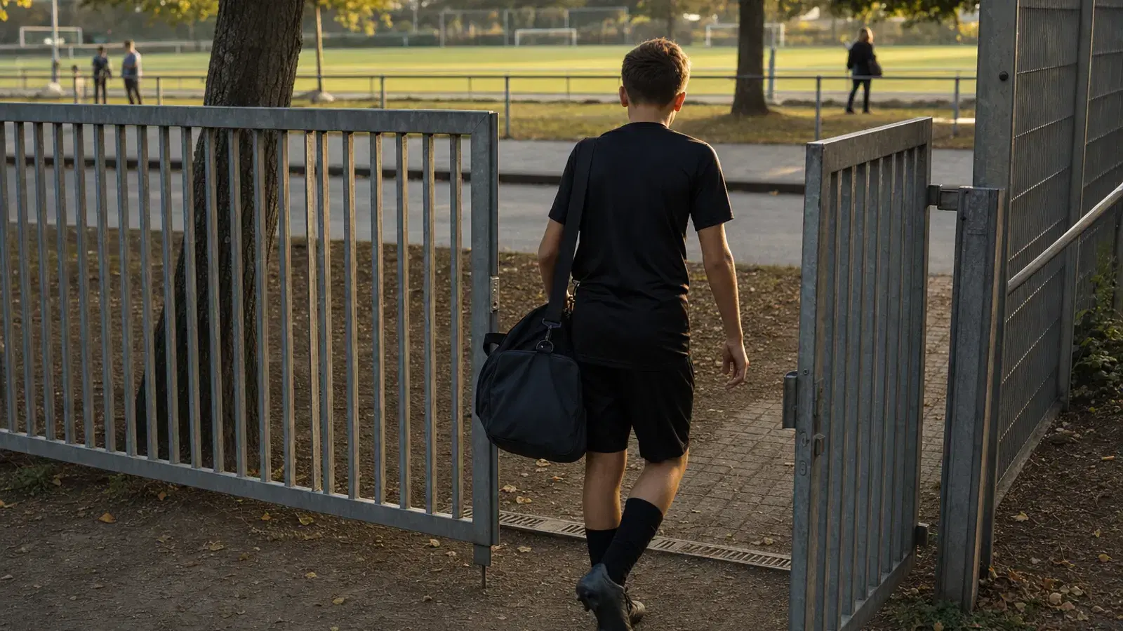 Ein Jugendlicher mit Sporttasche geht von hinten gesehen durch ein offenes Metalltor aus einer Trainingsanlage hinaus.