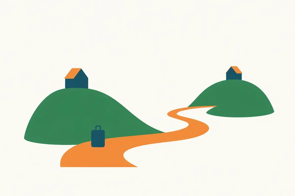 Illustration: Zwei kleine Häuser auf sanften Hügeln sind durch einen langen, geschwungenen Weg verbunden, auf dem Weg steht ein Koffer.