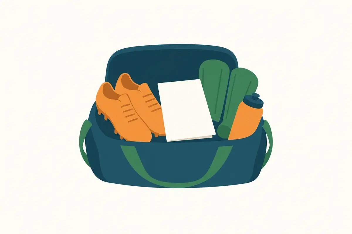 Illustration: Eine offene Sporttasche mit Fußballschuhen, Schienbeinschonern und Trinkflasche, obenauf ein gefaltetes Blatt Papier.