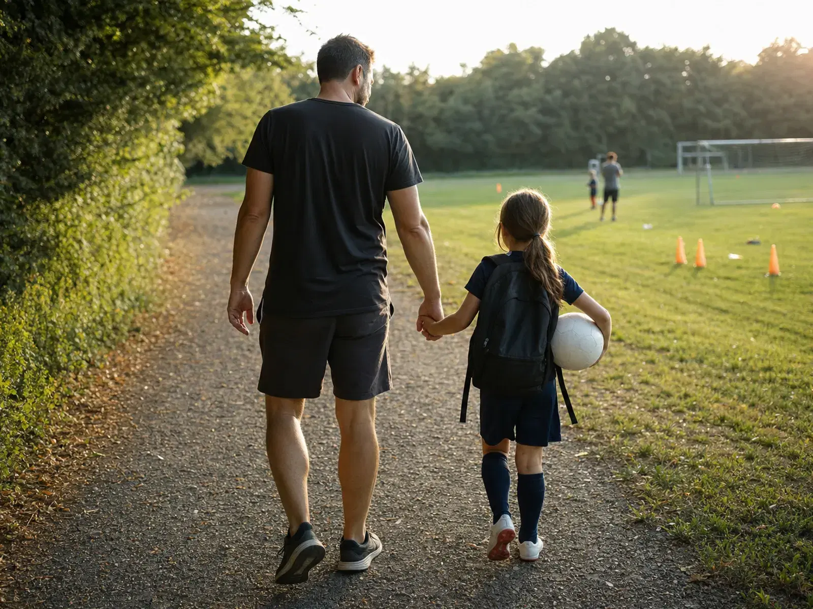 Ein Vater und sein etwa achtjähriges Kind gehen von hinten gesehen auf einen Trainingsplatz zu, das Kind hält einen Ball unter dem Arm.