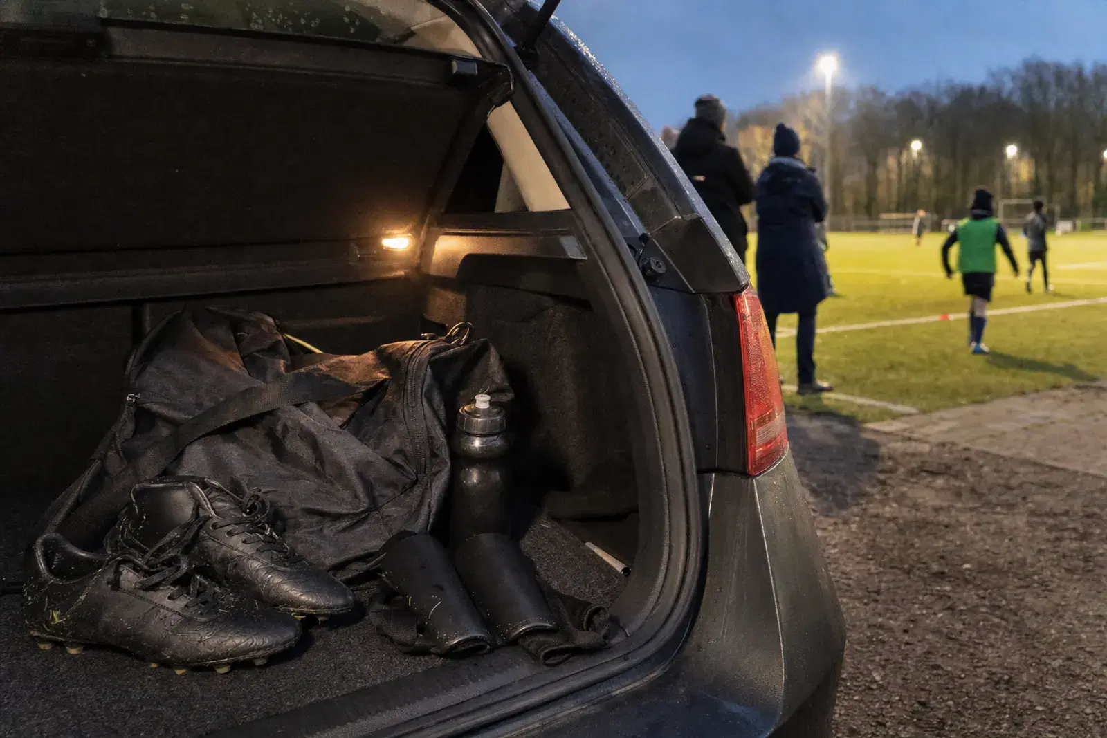 Ein offener Kofferraum am Abend mit einer Sporttasche, Fußballschuhen und einer Trinkflasche.