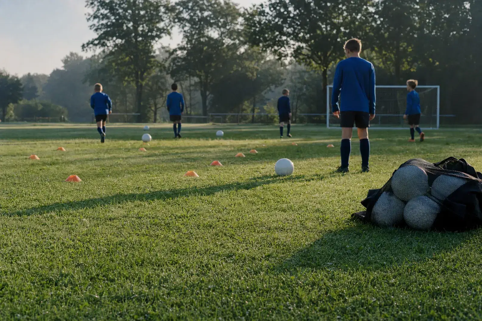 Ein leerer Rasen-Trainingsplatz am Morgen mit aufgestellten orangefarbenen Hütchen und einigen Bällen.