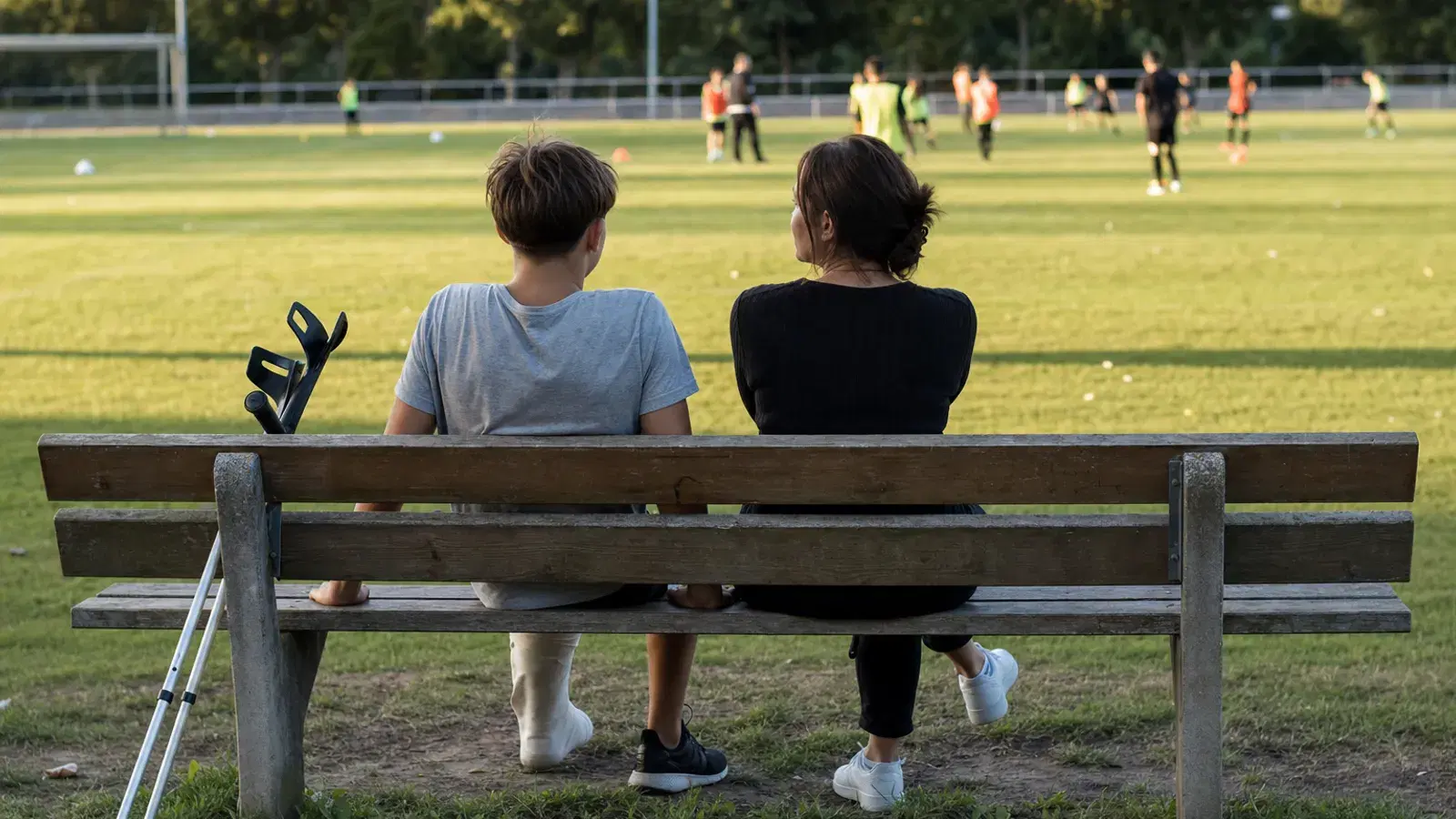 Ein Jugendlicher und seine Mutter sitzen von hinten gesehen auf einer Bank am Spielfeldrand, an der Bank lehnen Krücken, in der Ferne trainiert eine Mannschaft.
