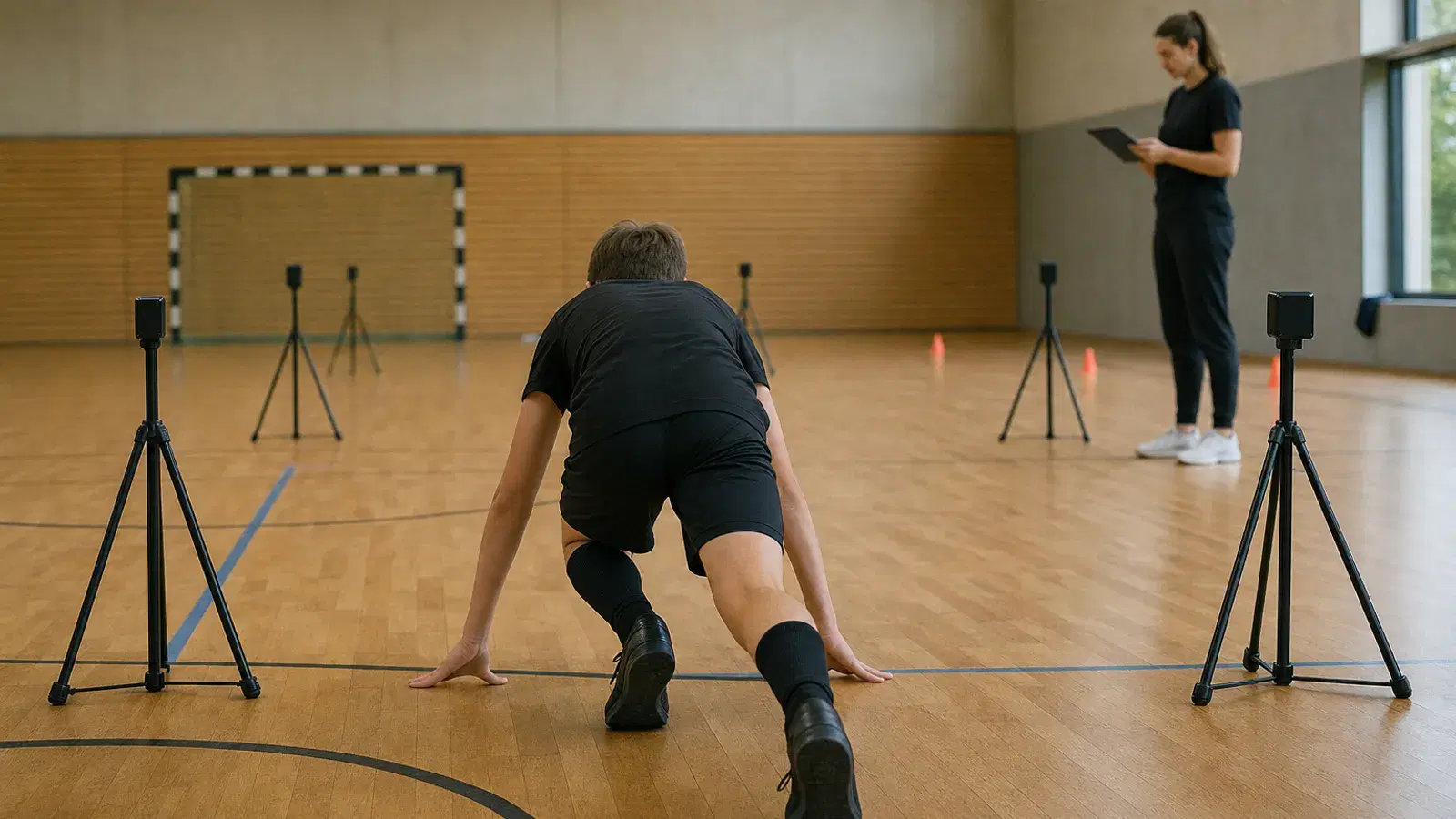 Ein Jugendlicher steht von hinten gesehen in einer Sporthalle in Startposition vor zwei Lichtschranken auf Stativen, seitlich hält eine Trainerin ein Tablet.
