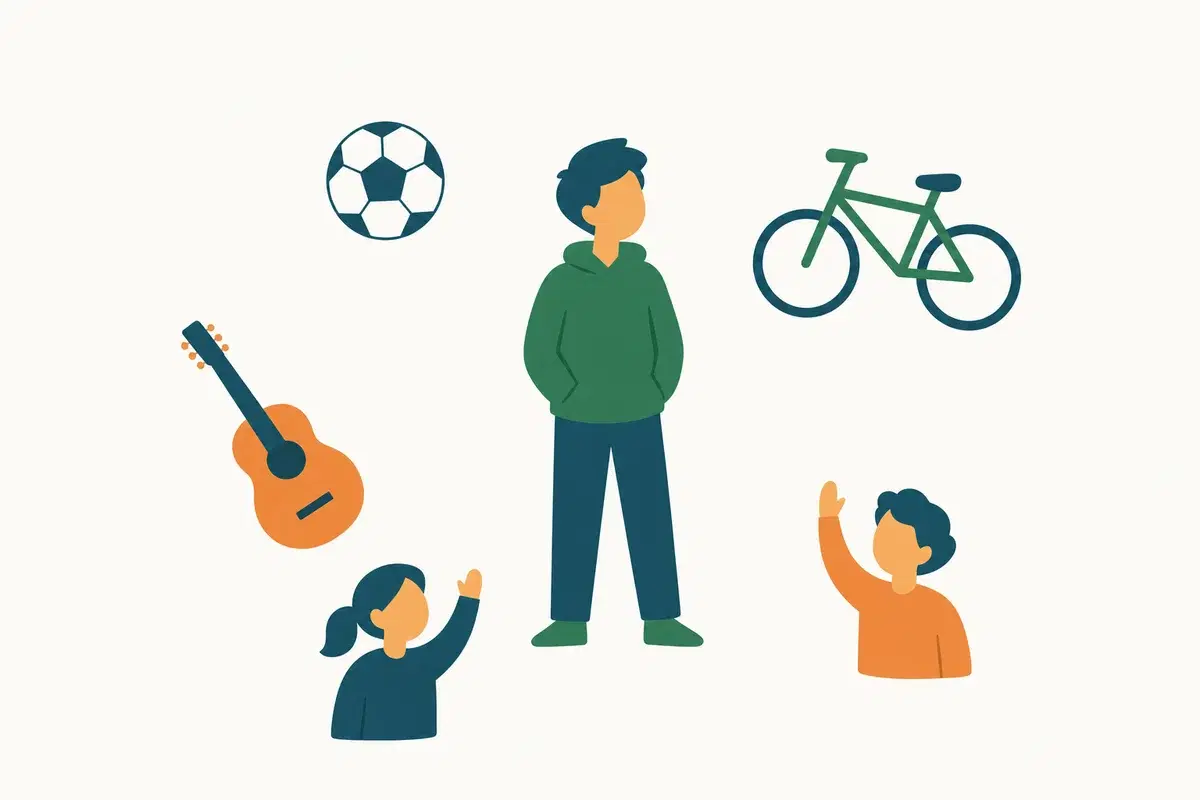 Illustration: Eine junge Figur steht in der Mitte, um sie herum ein Fußball, ein Fahrrad, eine Gitarre und zwei befreundete Figuren.
